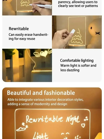 LED Light Note Board USB-Powered with Pen Acrylic Dry Erase Board Clear Desktop Note Message Soft Lights Desk Lamp Gift