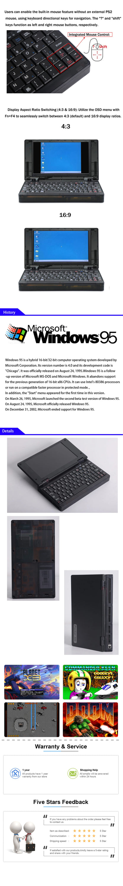 Pocket 386 windows3.11/95 system retro notebook computer OPL3 sound card VGA IPS Screen Integrated Mouse
