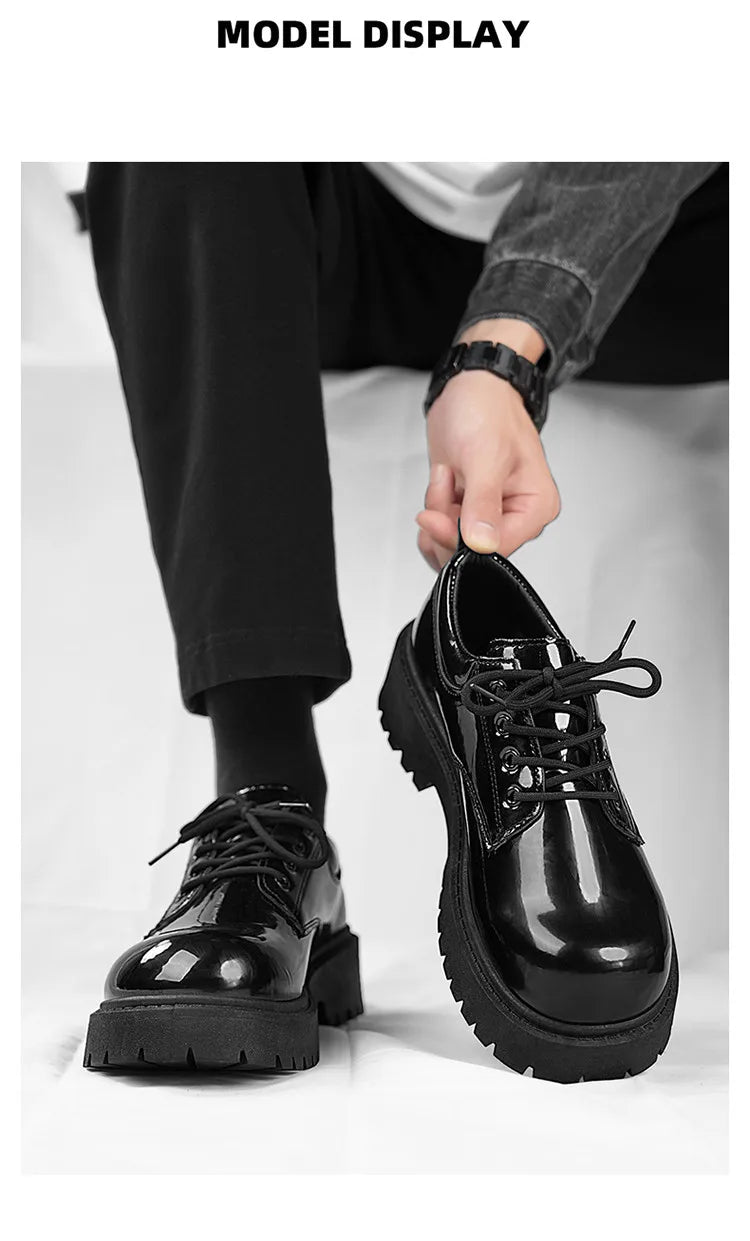 STRONGSHEN Men Patent  Leather Shoes Round Toe Casual Platform Business Shoes Fashion Wedding Banquet Party Formal Dress Shoes