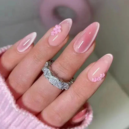 24pcs/Box Long Coffin False Nails Art Rose with Glue Wearable Nude Pink White Color Jelly Nails Tips Full Cover Press on Nails