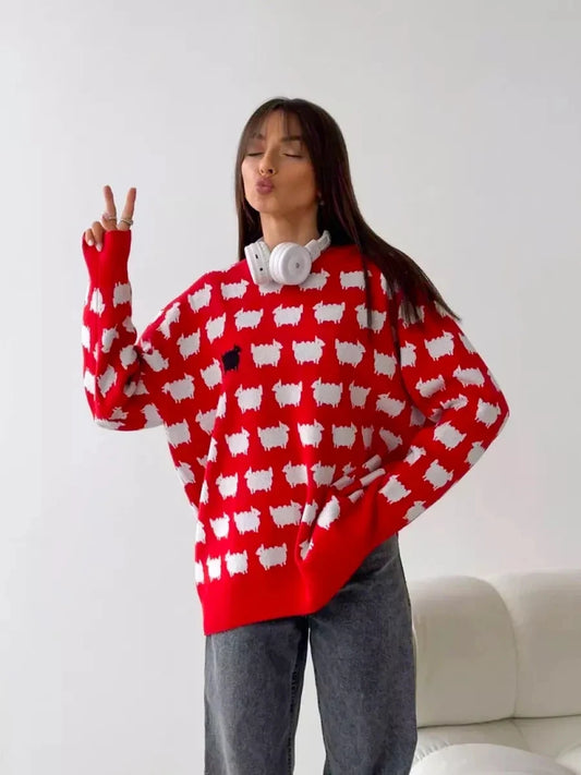 Women's Oversized Long Sweater, Cartoon Print, Loose, O Neck, Long Sleeve, Trendy Fashion, Winter