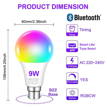 Colour Changing Light B22 Tuya Bluetooth APP Control 220V LED Bulbs  Dimmable RGB White RGBCCT 16 Million Smart Life