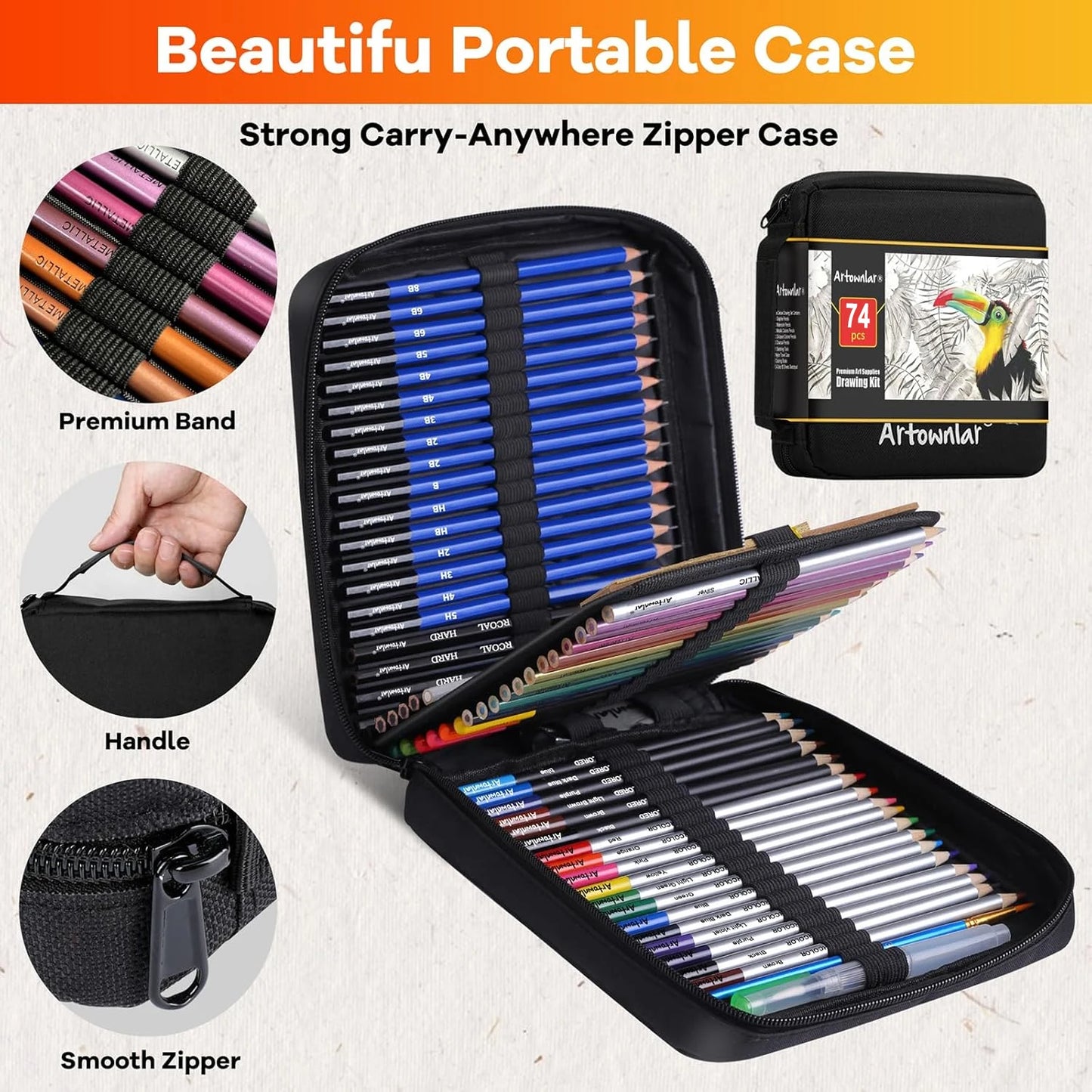 74 Art Set Drawing Supplies - Pro Sketching Kit for Artists Adults , Charcoal, Watercolor, Metallic Colored Pencils in Gift Case