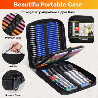 74 Art Set Drawing Supplies - Pro Sketching Kit for Artists Adults , Charcoal, Watercolor, Metallic Colored Pencils in Gift Case