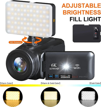 6K Ultra HD Professional Video Cameras for Photography 18X Digital Zoom YouTube Live Streaming Camcorders 64MP Vlogging Recorder