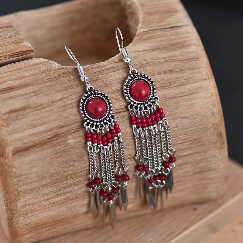 Bohemian Long Tassel Earrings For Women Handmade Jewelry Beads Chain Drop Earrings Big Round Resin Stone Dangle Ethnic Earrings