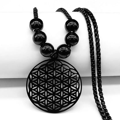 2024 Flower of Life Stainless Steel Mandala Metatron Necklaces Sacred Geometry Long Black Bead Necklace Jewerly flor de la vida