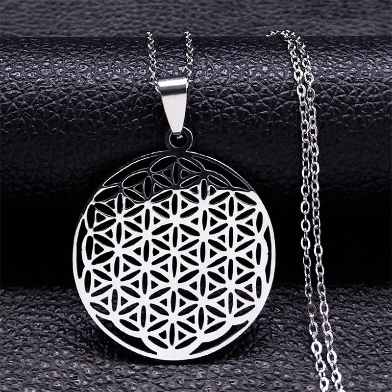 2023 Flower of Life Stainless Steel Mandala Metatron Necklaces Sacred Geometry Long Black Bead Necklace Jewerly flor de la vida