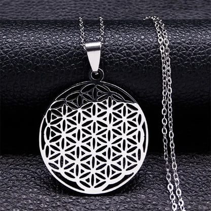 2023 Flower of Life Stainless Steel Mandala Metatron Necklaces Sacred Geometry Long Black Bead Necklace Jewerly flor de la vida