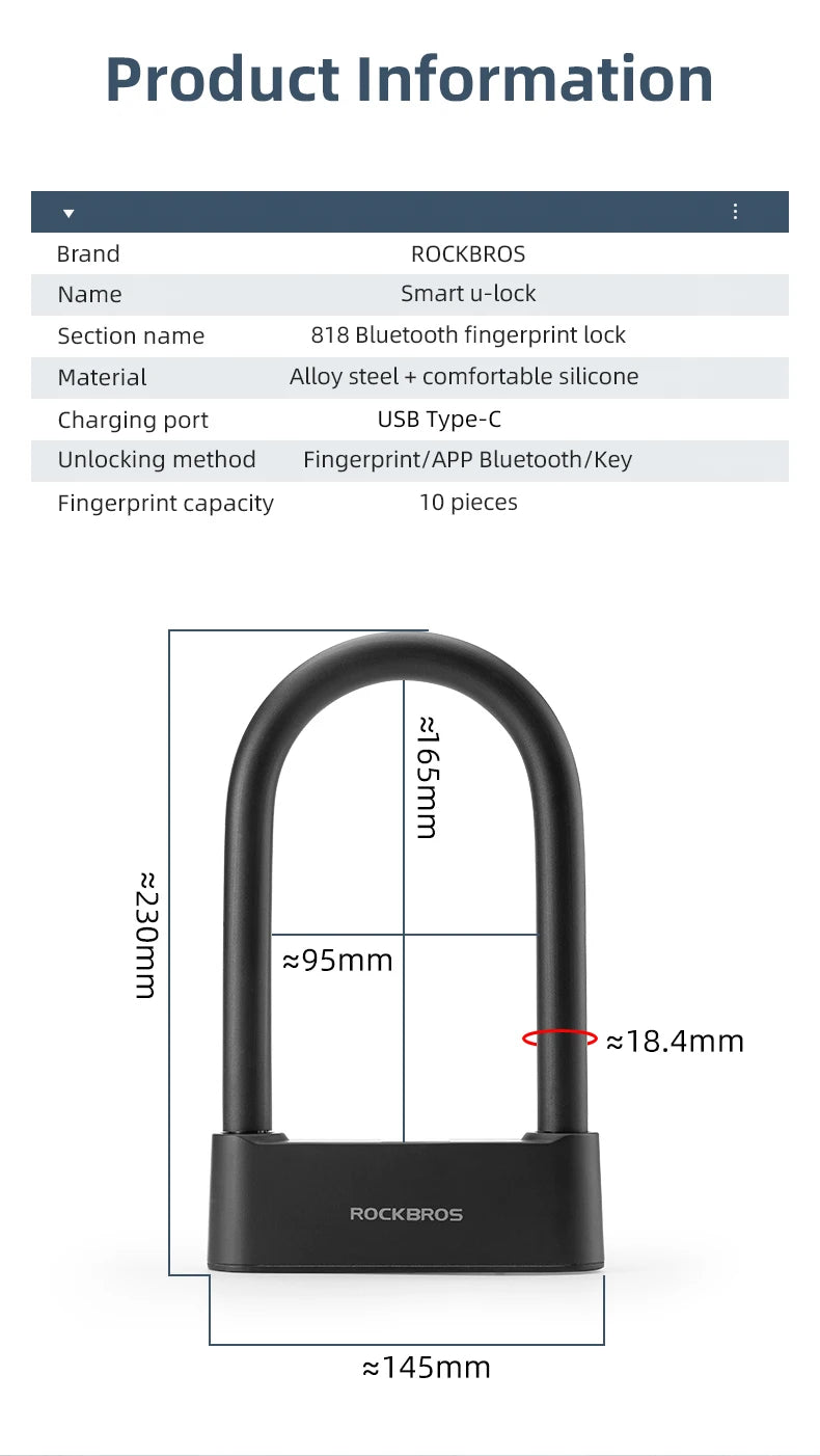 ROCKBROS Bicycle Smart Lock Bluetooth Fingerprint Unlock Waterproof High Strength Steel Alloy Anti-theft U-Lock Bike Accessories