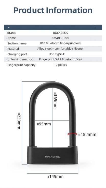 ROCKBROS Bicycle Smart Lock Bluetooth Fingerprint Unlock Waterproof High Strength Steel Alloy Anti-theft U-Lock Bike Accessories