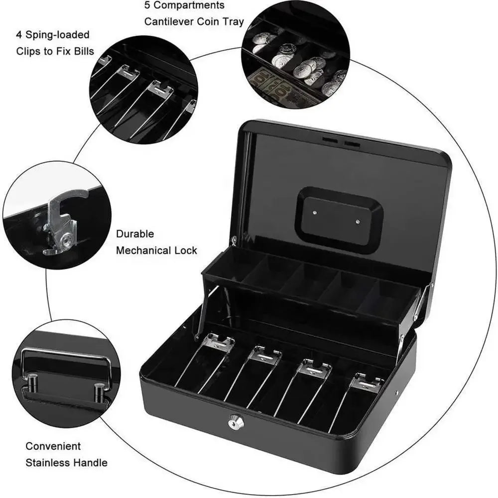 Money Box For Cash Saving Locking Cash Box With Money Tray Metal Money Saving Organizer 4 Bill/5 Coin Slots Cash Register Drawer