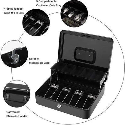 Money Box For Cash Saving Locking Cash Box With Money Tray Metal Money Saving Organizer 4 Bill/5 Coin Slots Cash Register Drawer