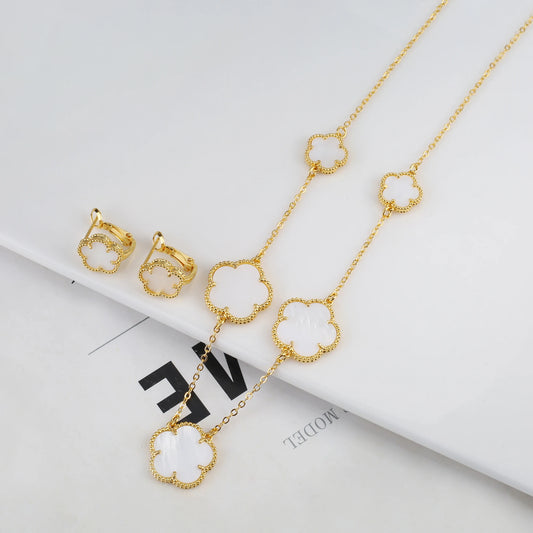 Irregular New Double Sided Natural Stone Shell Plant Five Leaf Flower Jewelry Set Necklace Earrings Women's High Quality Clover
