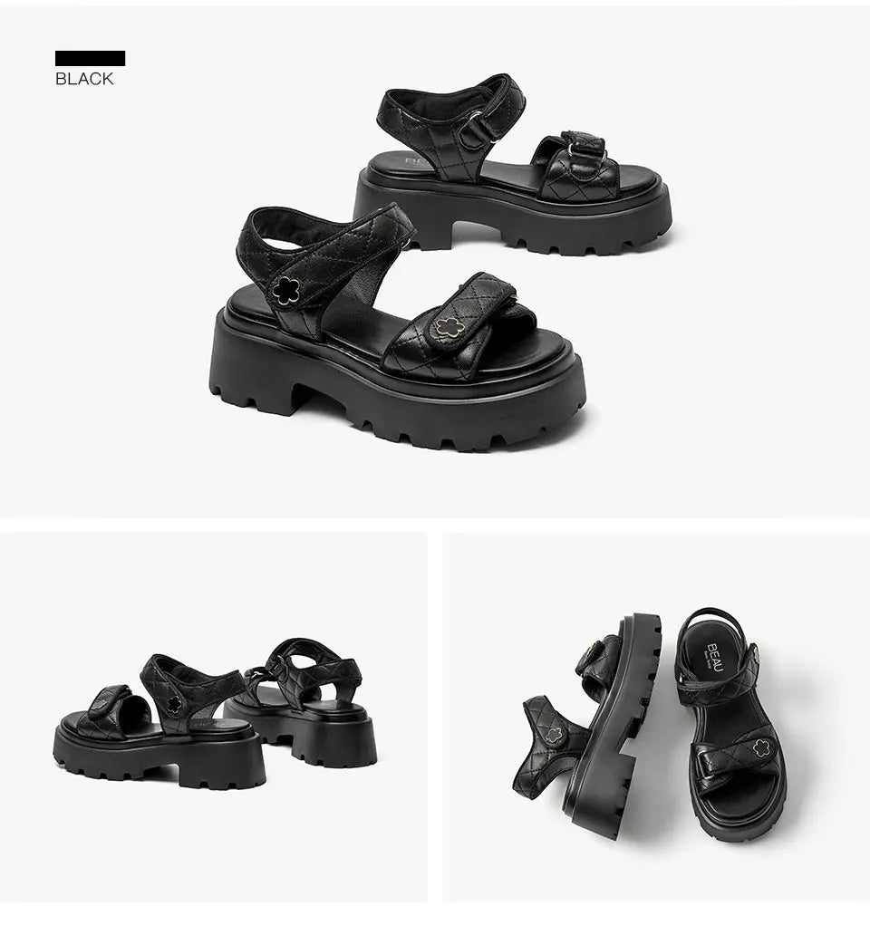 BeauToday Leather Sandals Women Soft Sheepskin Floral Ornament Hook Loop Summer Fashion Ladies Platform Shoes Handmade 38195