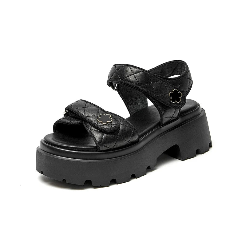 BeauToday Leather Sandals Women Soft Sheepskin Floral Ornament Hook Loop Summer Fashion Ladies Platform Shoes Handmade 38195