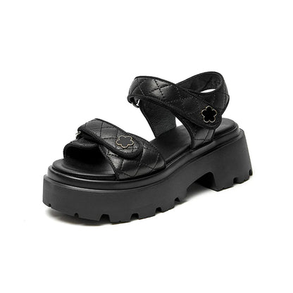 BeauToday Leather Sandals Women Soft Sheepskin Floral Ornament Hook Loop Summer Fashion Ladies Platform Shoes Handmade 38195