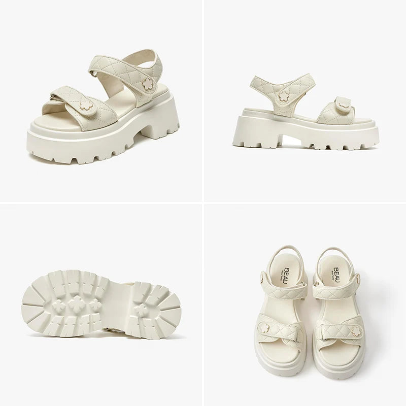 BeauToday Leather Sandals Women Soft Sheepskin Floral Ornament Hook Loop Summer Fashion Ladies Platform Shoes Handmade 38195