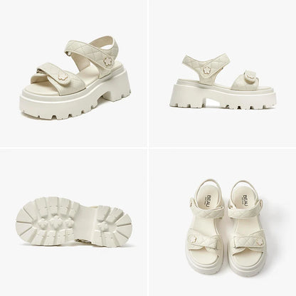 BeauToday Leather Sandals Women Soft Sheepskin Floral Ornament Hook Loop Summer Fashion Ladies Platform Shoes Handmade 38195