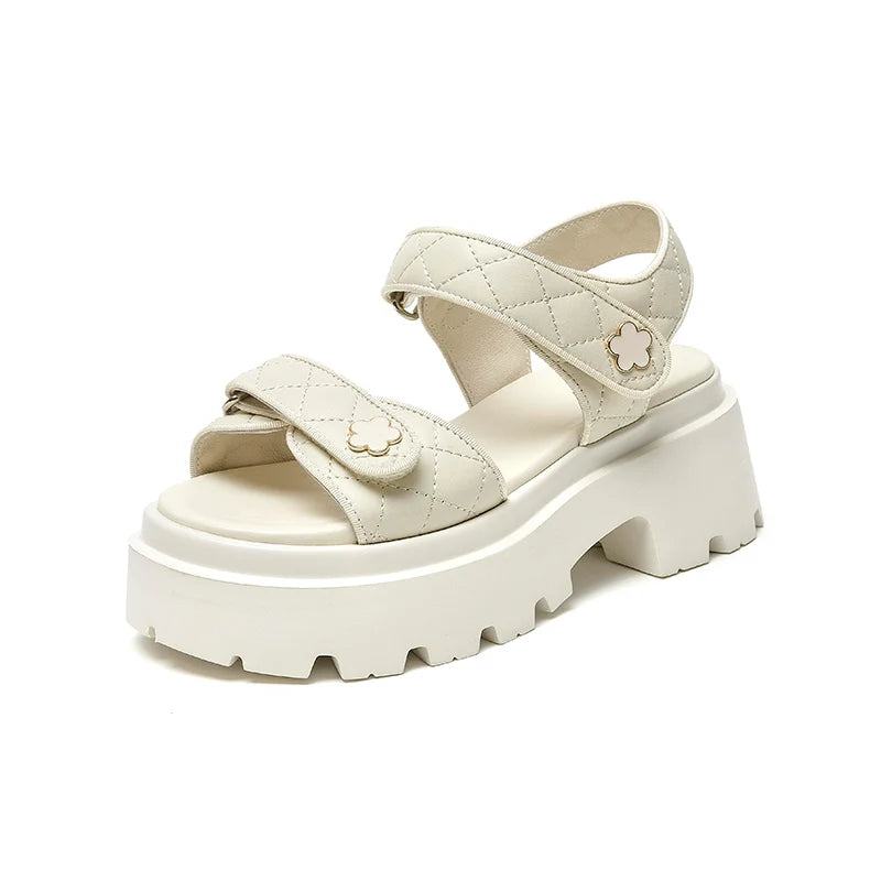 BeauToday Leather Sandals Women Soft Sheepskin Floral Ornament Hook Loop Summer Fashion Ladies Platform Shoes Handmade 38195