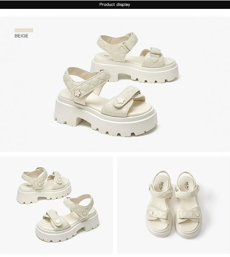 BeauToday Leather Sandals Women Soft Sheepskin Floral Ornament Hook Loop Summer Fashion Ladies Platform Shoes Handmade 38195