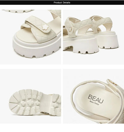 BeauToday Leather Sandals Women Soft Sheepskin Floral Ornament Hook Loop Summer Fashion Ladies Platform Shoes Handmade 38195