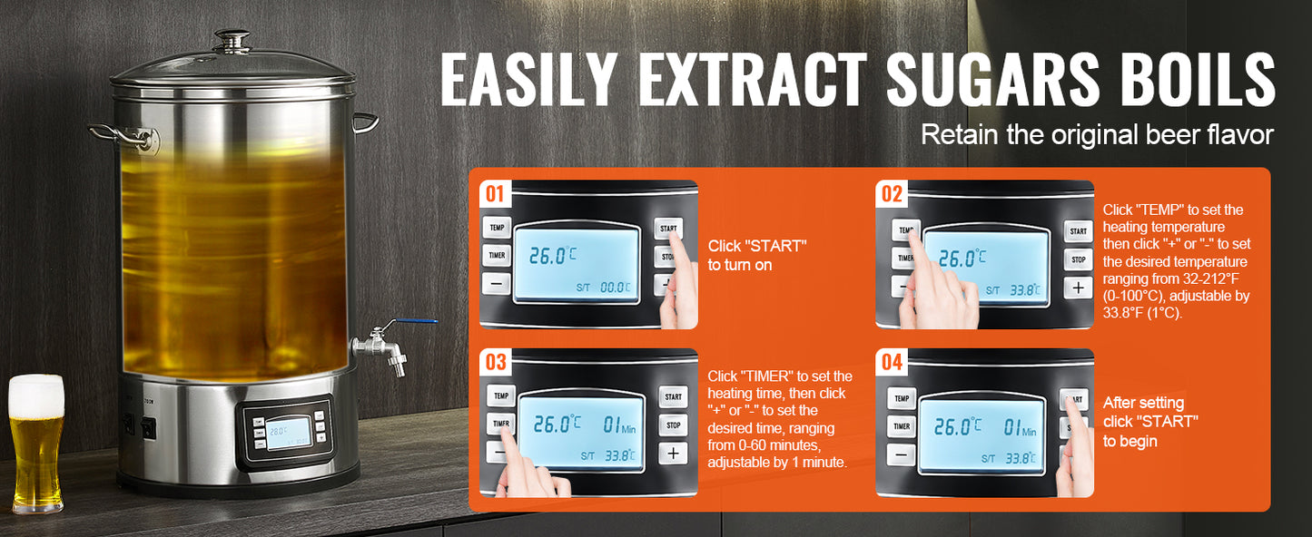 VEVOR Electric Brewing System 8 GALLON Brewing Stock Pot All-in-One Home Beer Brewer 304 Stainless Steel Brewing Supplies