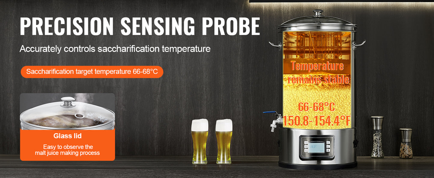 VEVOR Electric Brewing System 8 GALLON Brewing Stock Pot All-in-One Home Beer Brewer 304 Stainless Steel Brewing Supplies