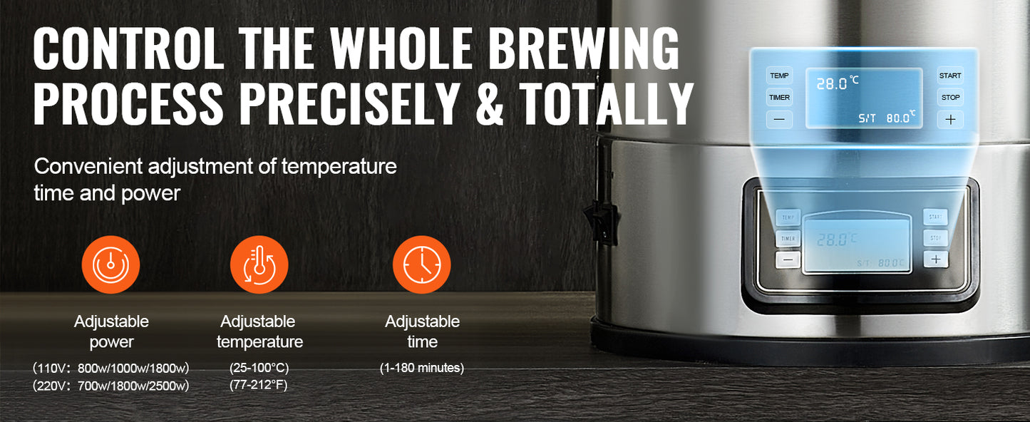 VEVOR Electric Brewing System 8 GALLON Brewing Stock Pot All-in-One Home Beer Brewer 304 Stainless Steel Brewing Supplies