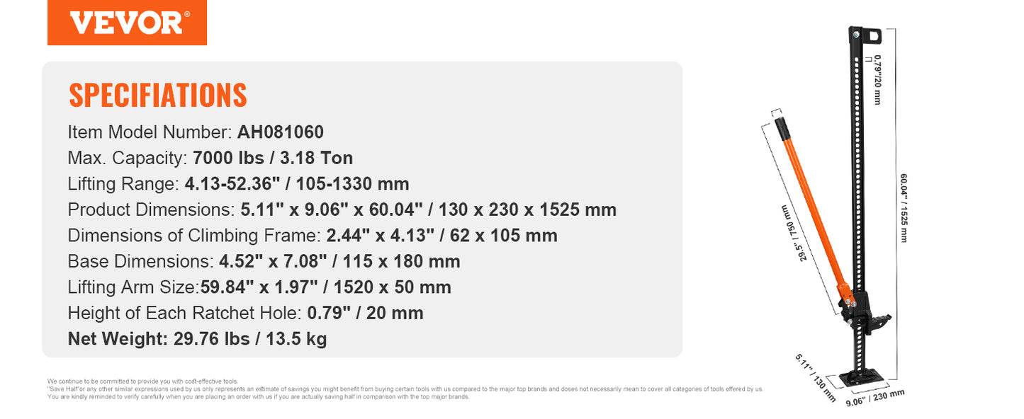 VEVOR High Lift Farm Jack 48"/60" Utility Farm Jack 7000 lbs Capacity  Road Utility Jack Heavy-Duty Farm Jack for Tractor Truck