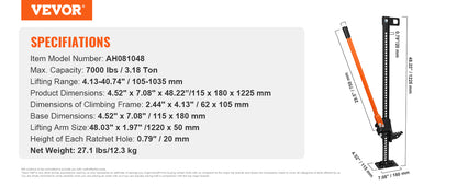 VEVOR High Lift Farm Jack 48"/60" Utility Farm Jack 7000 lbs Capacity  Road Utility Jack Heavy-Duty Farm Jack for Tractor Truck
