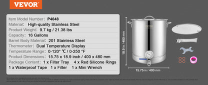 VEVOR Stainless Steel Kettle 16 GALLON Brewing Pot Tri Ply Bottom for Beer Brew Kettle Pot Home Brewing Supplies Includes Lid