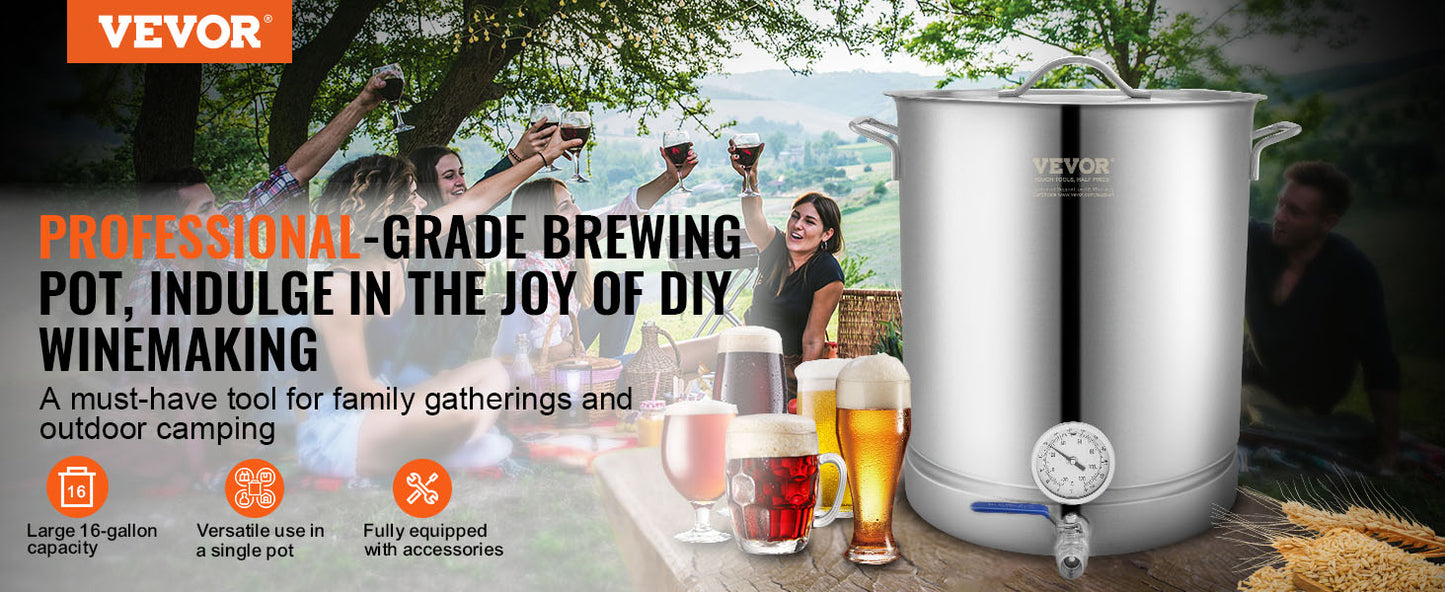 VEVOR Stainless Steel Kettle 16 GALLON Brewing Pot Tri Ply Bottom for Beer Brew Kettle Pot Home Brewing Supplies Includes Lid