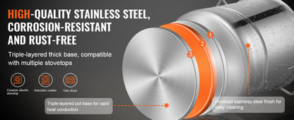 VEVOR Stainless Steel Kettle 16 GALLON Brewing Pot Tri Ply Bottom for Beer Brew Kettle Pot Home Brewing Supplies Includes Lid