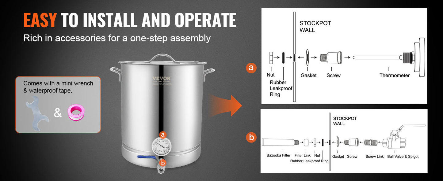 VEVOR Stainless Steel Kettle 16 GALLON Brewing Pot Tri Ply Bottom for Beer Brew Kettle Pot Home Brewing Supplies Includes Lid