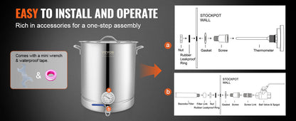 VEVOR Stainless Steel Kettle 16 GALLON Brewing Pot Tri Ply Bottom for Beer Brew Kettle Pot Home Brewing Supplies Includes Lid